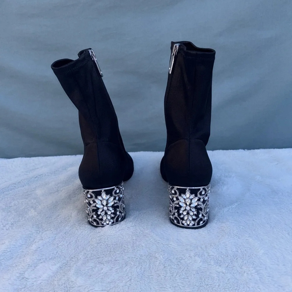 EUC Badgley Mischka Womens Size 8 Martine Satin Block Heel Sock Boot Rhinestones - Picture 4 of 9
